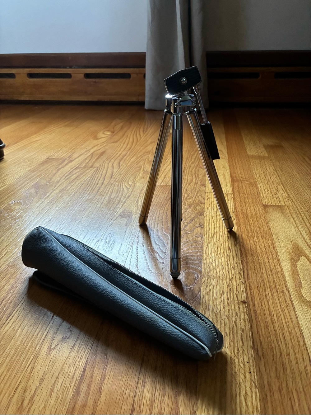 Compact Chrome Camera Tripod with Black Carry Case